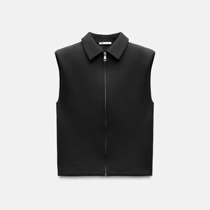 Zara Zippered Shoulder Pads Black Sleeveless Zip-Up Vest